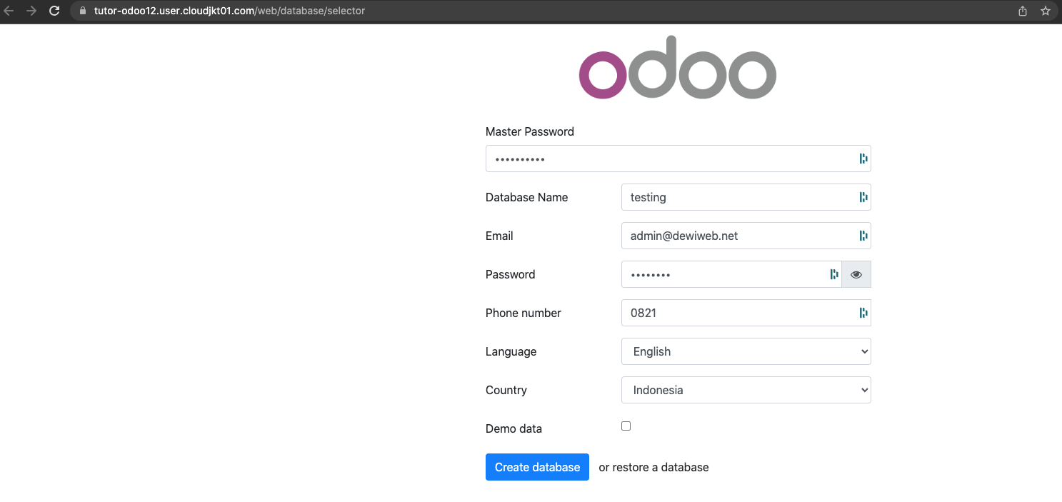masukkan master password - cara install odoo